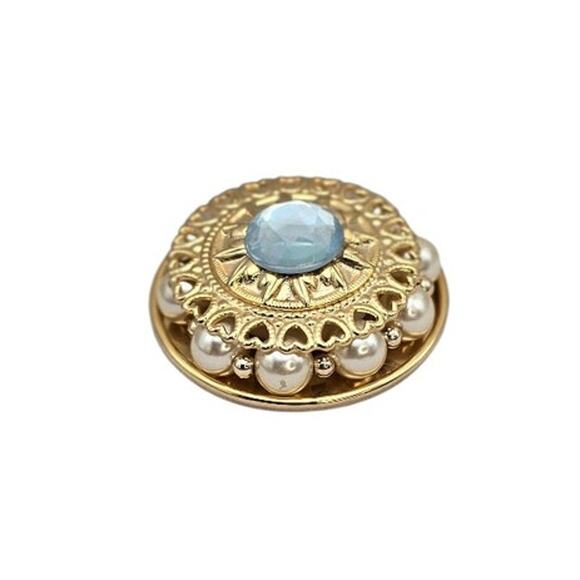 Vintage Gold Filigree Heart Brooch Blue Glass Stone & Faux Pearls - Picture 5 of 6